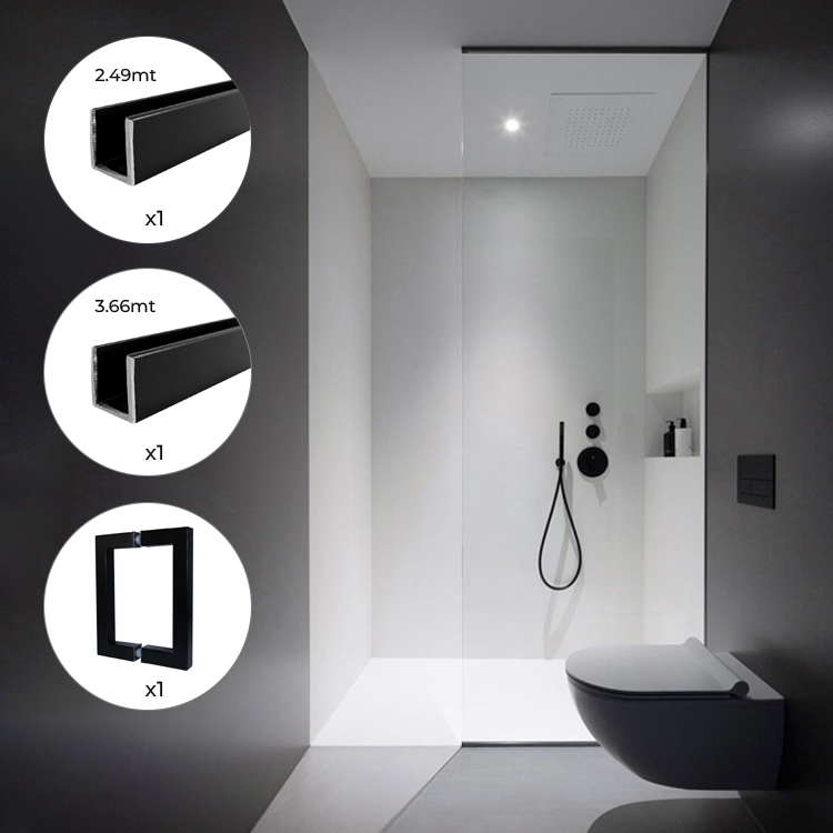 KIT PARA BAÑO MINIMALISTA PARA CRISTAL DE 12MM ( 1 CANAL U JK00498 2.49MT, 1 CANAL U JK004144 3.66MT,  1 MANILLON L 176) - MOD. KIT5